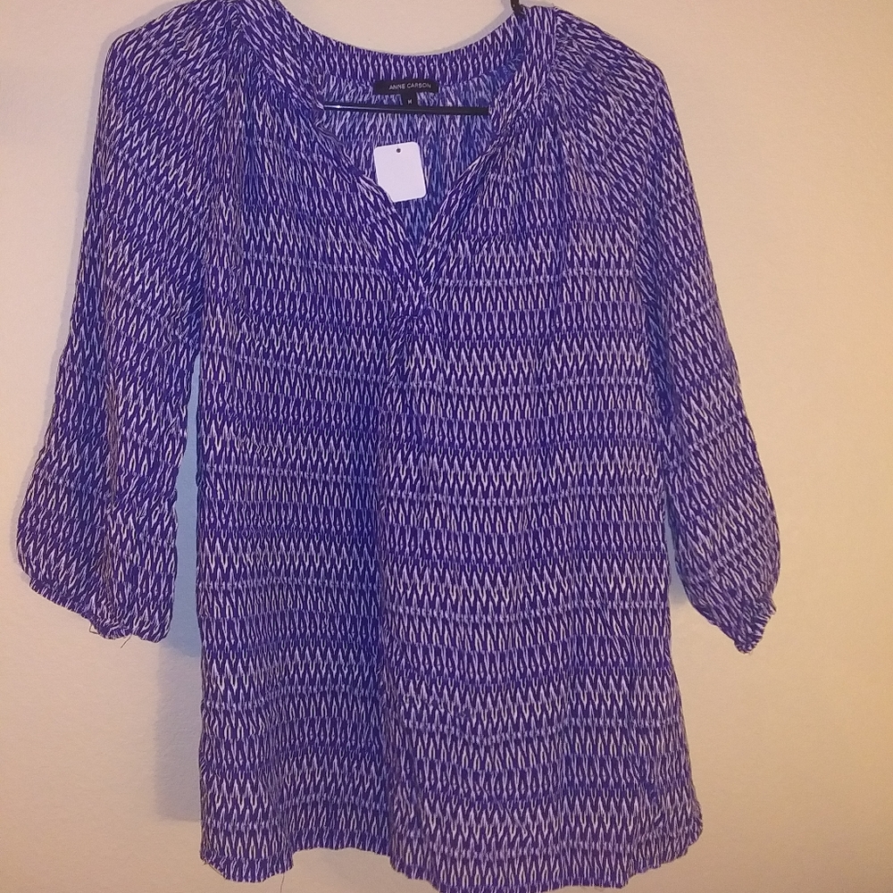 Anne Carson Women's 3/4 Sleeve Blouse Blue & White